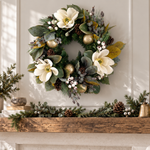 Good Tidings to You Wreath arrangement styled on a mantel