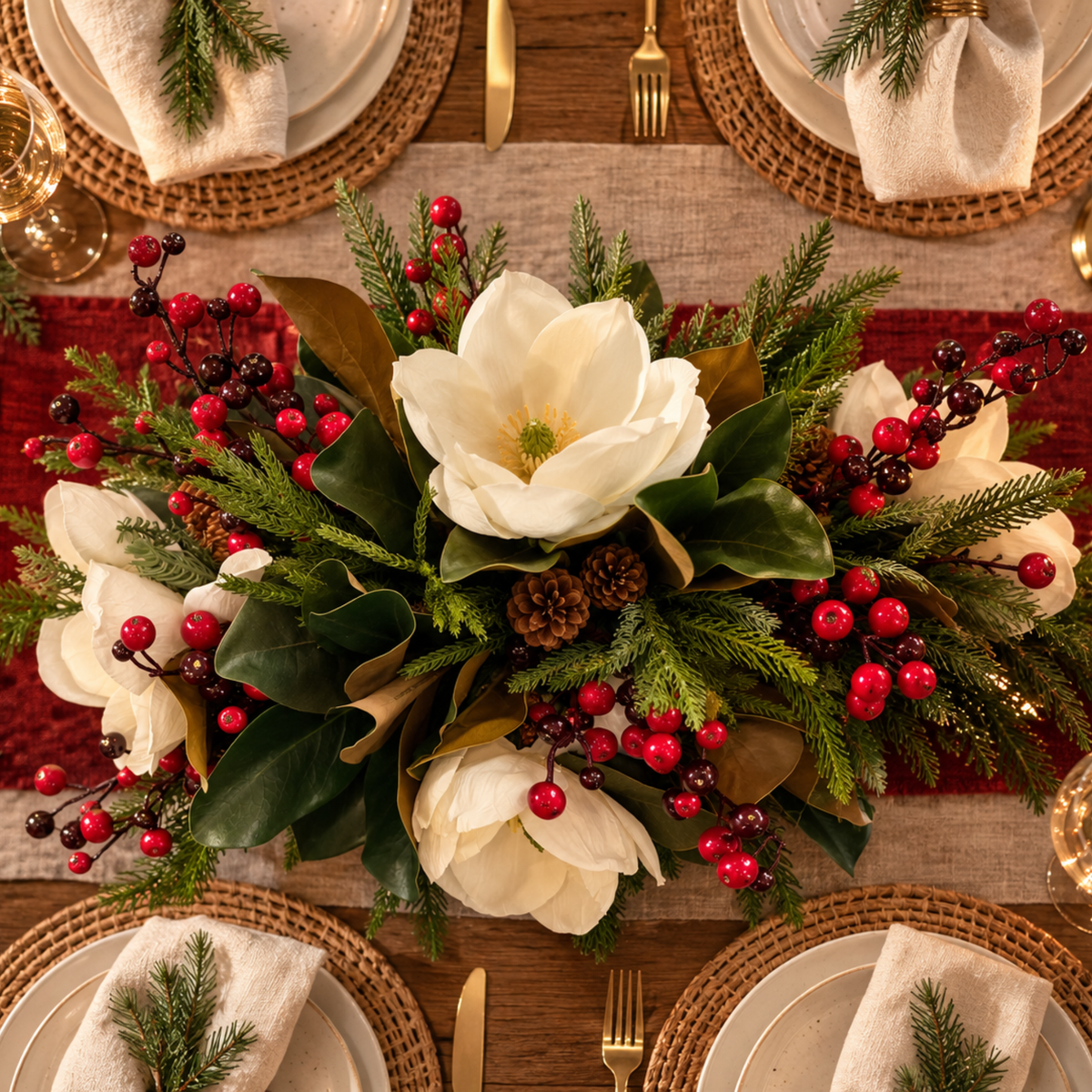 Happy Holiday Gather arrangement styled on a dining table