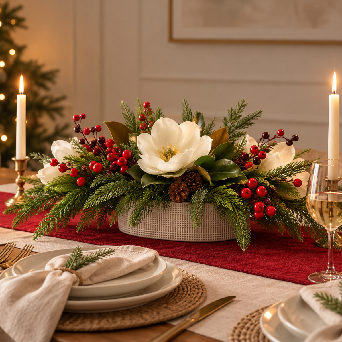 Happy Holiday Gather holiday floral arrangement