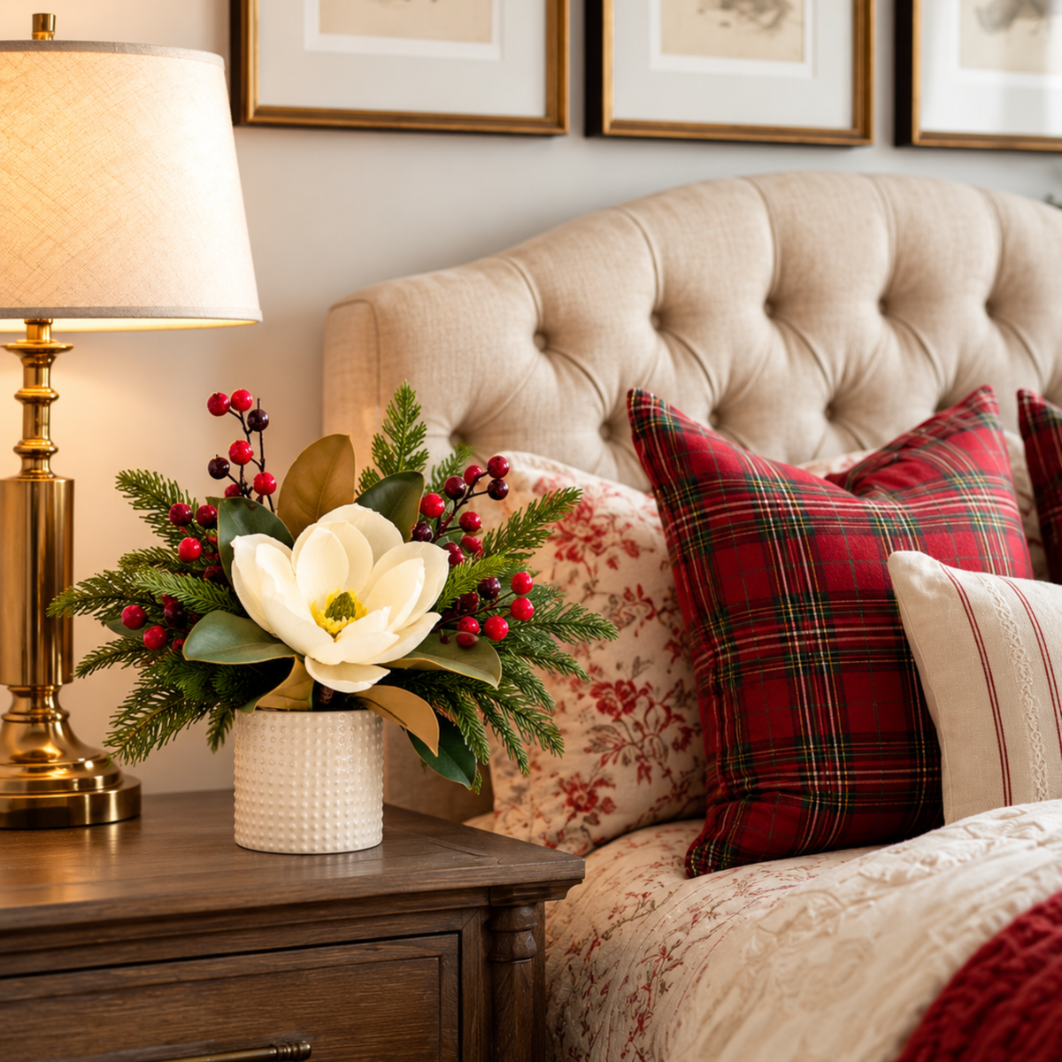 Happy Holiday Petite arrangement styled in a bedroom