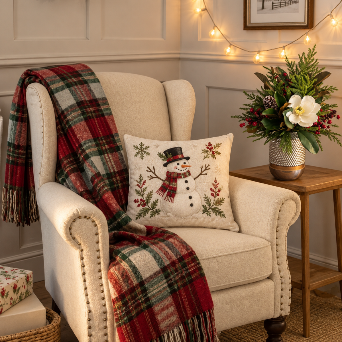 Holiday Happy Silver and Gold arrangement styled in a living room