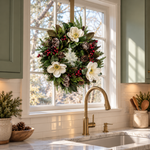 Holiday Happy Wreath arrangement styled at a kitchen window